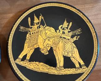 Thai Lacquerware Decorative Plates Set with Royal Barge and Elephant Battle Scenes