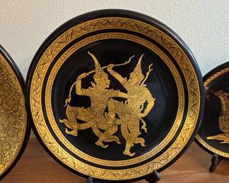 Thai Lacquerware Decorative Plates Set with Royal Barge and Elephant Battle Scenes