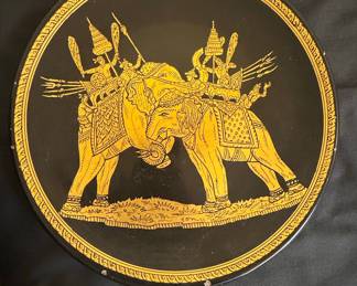 Vintage Thai Black Lacquerware Plate with Elephant Battle Scene
