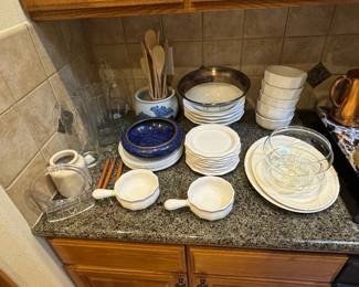 Assorted Blue & White Kitchenware Set with Copper Pitcher