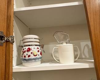 Set of Etched Glass Tumblers and Pitchers, Ceramic Jar, and Drinking Aid