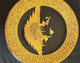 Vintage Thai Lacquerware Plate with Gilded Decoration