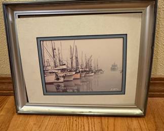 Framed Print of Sailboats in Harbor by S.M. (possible artist)
