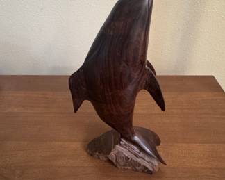 Carved Ironwood Dolphin Sculpture on Stone Base