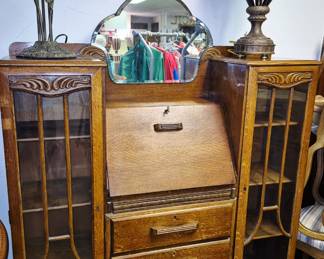 Much, much furniture!! Ca. 1920's Deco oak side-by-side secretary desk w/ drop down front writing surface.