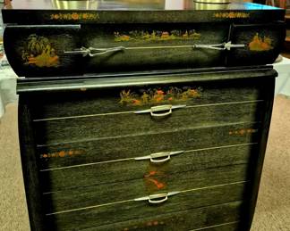 "Vintage of Virginia" Hollywood Regency-style black lacquer ground with Asian inspired green and red landscapes