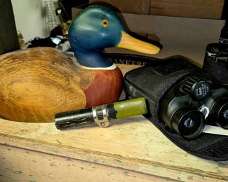 Vintage wood decoys, Hansen duck call and Bushnell binoculars