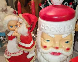 Vintage Santa blow mold cookie jar and windup Santa and Mrs. Claus