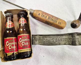 "Country Club" salt and pepper, "Artesian Ice" ice pick and "Davis Baking Powder" cookie cutter""