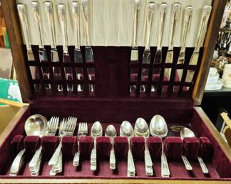 Much silverplate, sterling, brass and copper. 8 sets of vintage silverplate flatwear