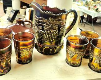 Much glassware. 7 pcs. Northwood Grape and Cable carnival glass set