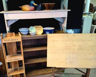 Primitive and modern wood. Painted primitive benches and bookcases
