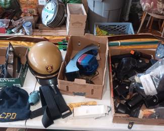 holsters, dash light, police helmet