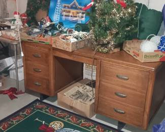 vintage desk, Christmas items, extension cords