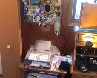 fax machine, office supplies, police cloth badges
