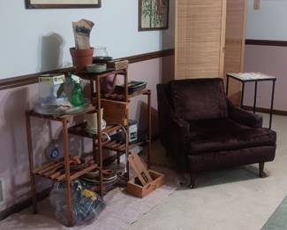 plant stand, vintage brown velvet lounge chair, 3 screen divider, art work