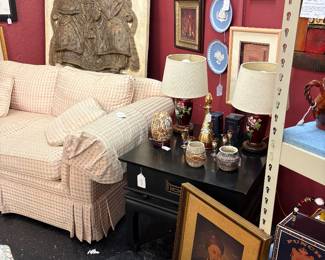 Love our sitting scholar, 3-D impression. Century Furniture, Hickory, North Carolina, spring down cozy sofa, framed Chinese portrait.