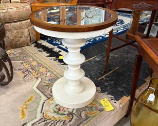 21 inch round mirror and wood top pedestal table