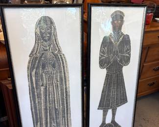 Medevil Cleric Knight " In return to have a Prayer" is engraved at base of knight in prayer pose.  Medium of etching is heelball wax, gold on black Found as reproduction of brass rubbings. Signed  Vintage Ladies of Historical British Churches also reproduction of brass rubbings using heelwax, gold on black Signed
