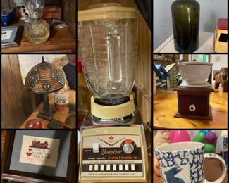 Oil lamp, Faux Tiffany Lamp, blender, antique glass bottle