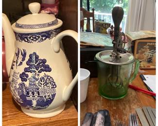 Blue Willow Coffee Pot, Vintage green glass food mixer