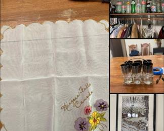 Vintage handkerchief, vintage soda bottles, highball glasses with metal caddy, cross stitch wall hanging