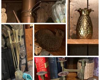 Vintage copper flip pot coffee maker, Vintage brass pineapple, fireplace tool set
