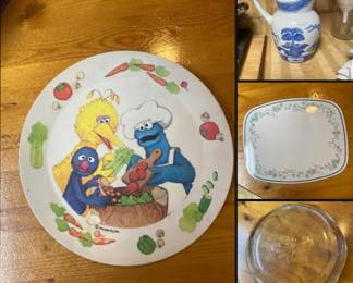 Vintage Sesame Street plate, Pier 1 Pitcher, Trivet