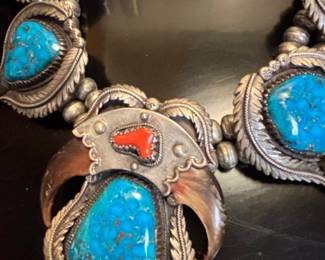 Native American Turquoise and Sterling Silver Squash Blossom Necklace with Bear Claws second image