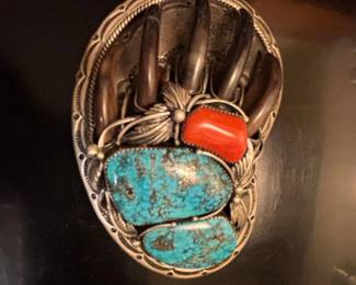 Native American Sterling Silver Bear Claw Belt Buckle with Turquoise and Coral by WM