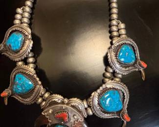 Native American Turquoise and Sterling Silver Squash Blossom Necklace with Bear Claws