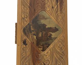 Antique HandCarved Wooden Jewelry Box with Painted Landscape and Etched Mirror
