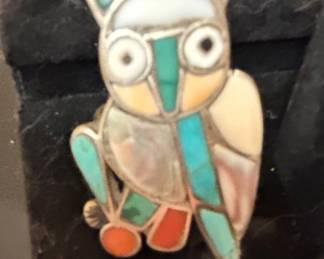 Zuni Sterling Silver Inlay Owl Brooch or Pendant
