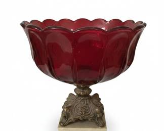 Ruby Red Glass Footed Compote Dish with Ornate Metal Base, possibly L.E. Smith