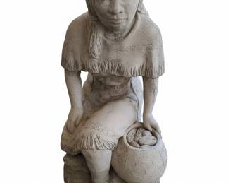 Concrete Garden Statue of Native American Woman with Basket