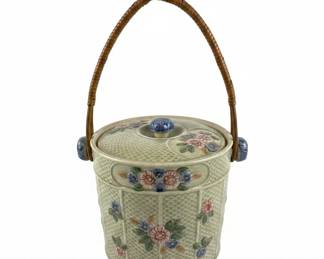 Vintage Majolica Ceramic Cookie Jar with Wicker Handle