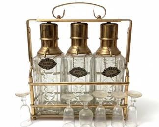 Bottle Decanter Set with Brass Caddy and Starburst Labels