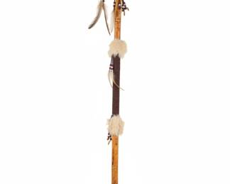 Native American Style Ceremonial Staff or Talking Stick with Fur and Feathers