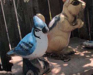 Ceramic Blue Jay and Squirrel Garden Figurines