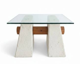 Postmodern Plaster and Wood Glass Top Coffee Table