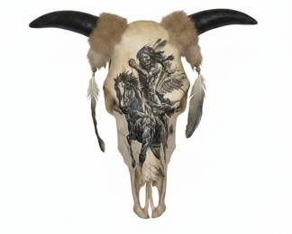 Native American Warrior on Horseback Decorated Cow Skull