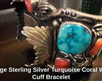 Vintage Sterling Silver Turquoise Coral Watch Cuff Bracelet second image