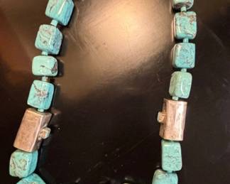 Native American Turquoise and Sterling Silver Beaded Necklace by H.A.M.C.