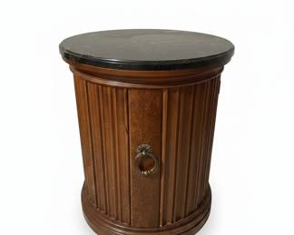 Fluted Column Drum Table with Stone Top and Burl Veneer Door
