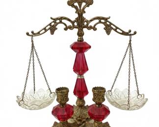 Brass Scales of Justice Candlestick Holder with Red Crystal Accents