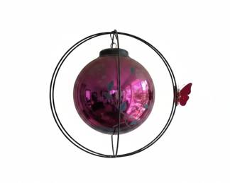 Pink Iridescent Glass Orb with Metal Frame and Butterfly Accent