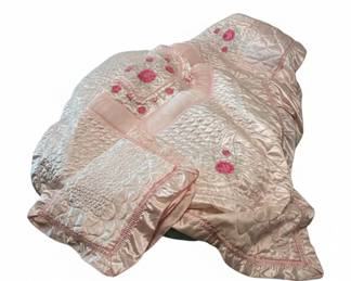 Pink Satin Quilted Bedspread with Embroidered Roses and Pleated Trim