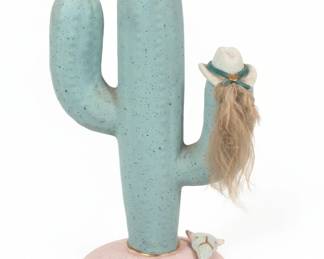 Ceramic Saguaro Cactus Figurine with Cowboy Hat