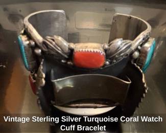 Vintage Sterling Silver Turquoise Coral Watch Cuff Bracelet