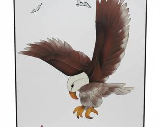 Octagonal Beveled Mirror with Painted Bald Eagle Design
